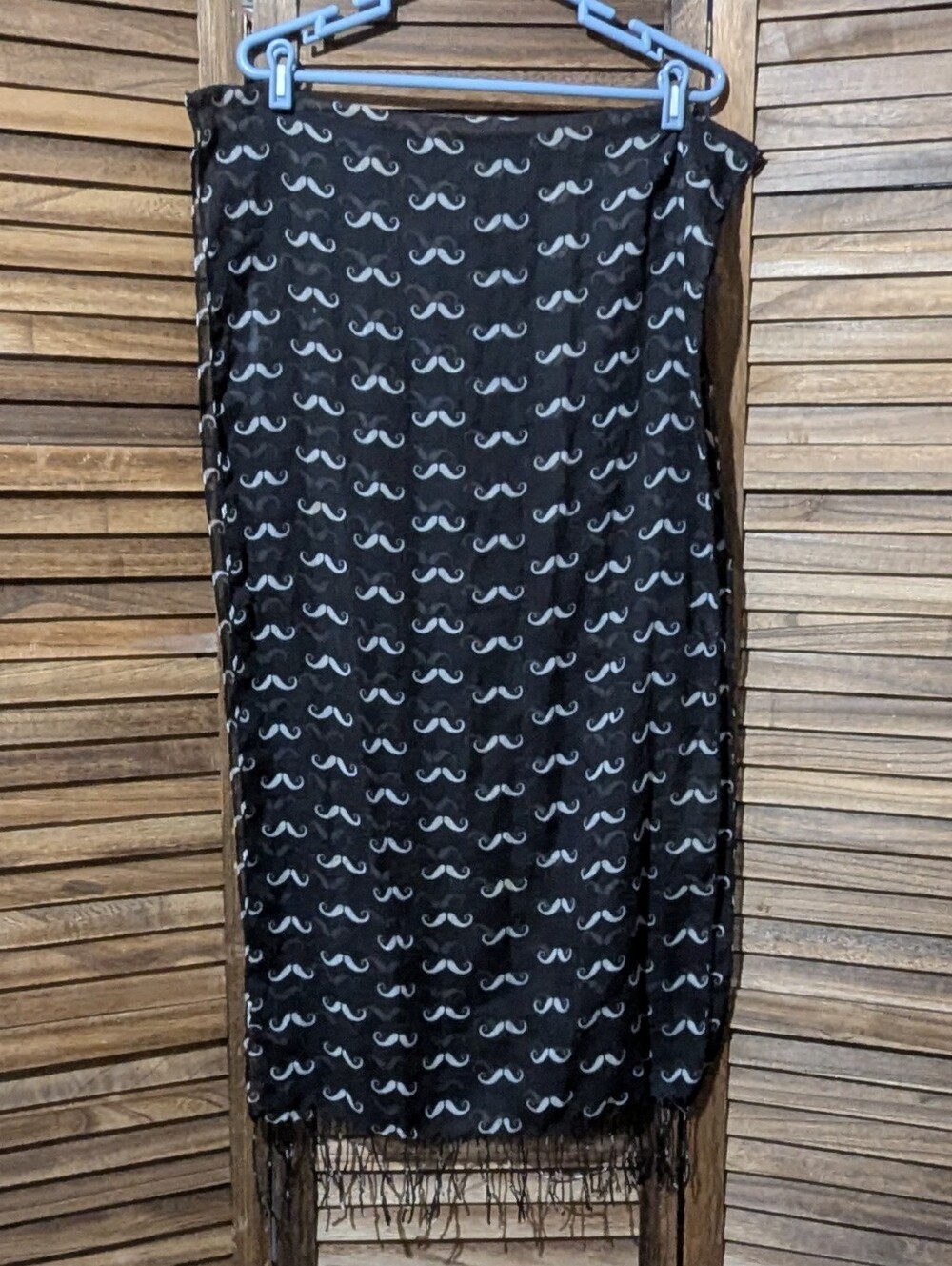 Black Mustache Print Oblong Scarf with Fringe Trim